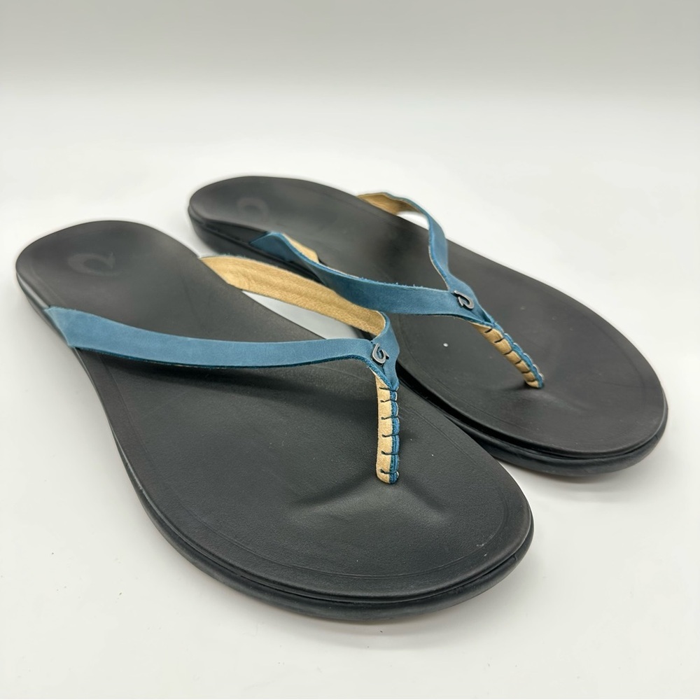 OluKai Ho’opio Women's Blue Leather Flip Flop Sandals